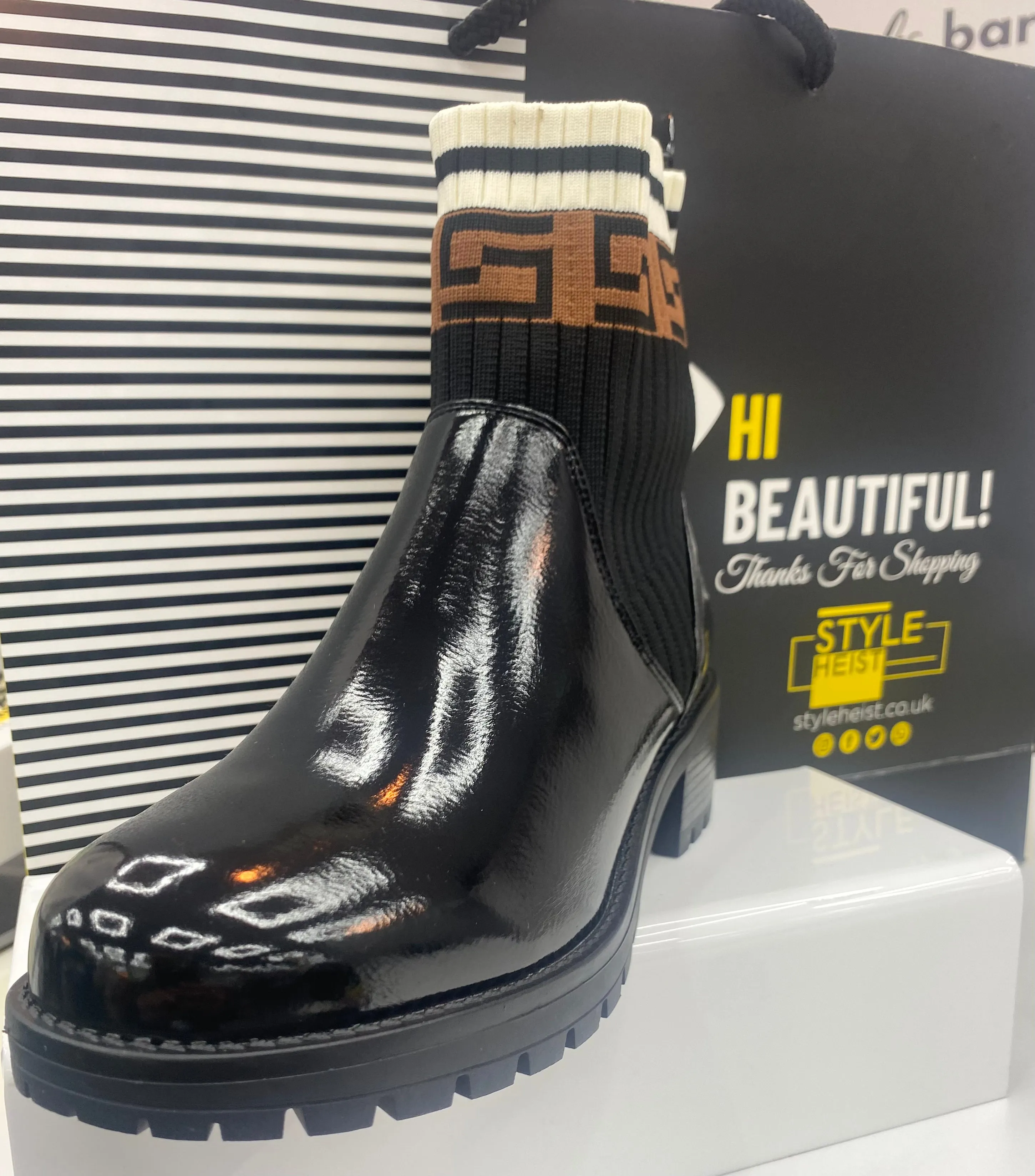 Black Faux Suede & Patent Leather Chunky Ankle Boots