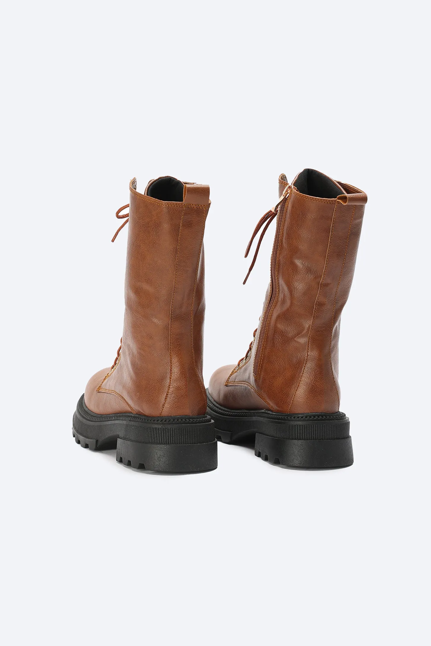 CHUNKY LACE UP BOOTS - BROWN