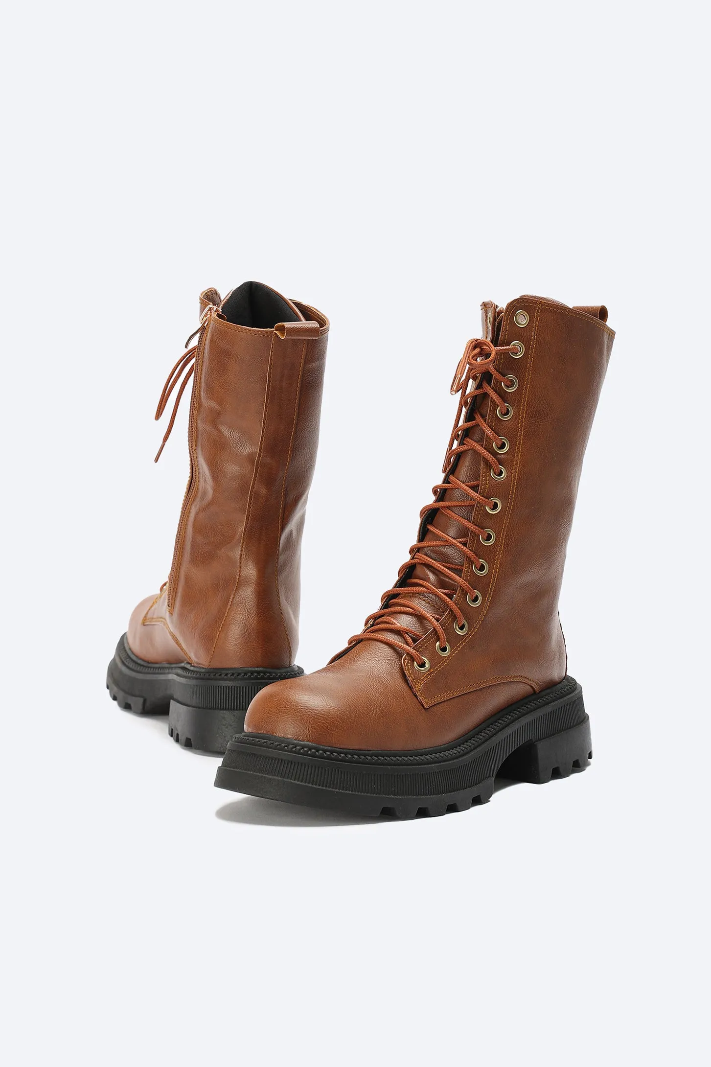 CHUNKY LACE UP BOOTS - BROWN