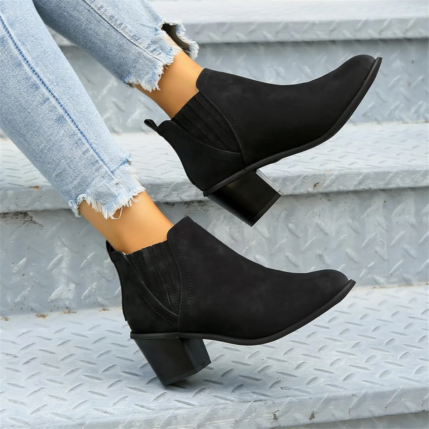 Lausiuoe Ankle Boots For Women Dressy Chunky Heel Booties Western Shoes Wide Width Pointed Toe Side Zipper Short Boots