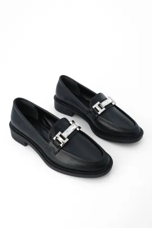 Women's Stone Buckle Loafer Casual Shoes Hosre - Black