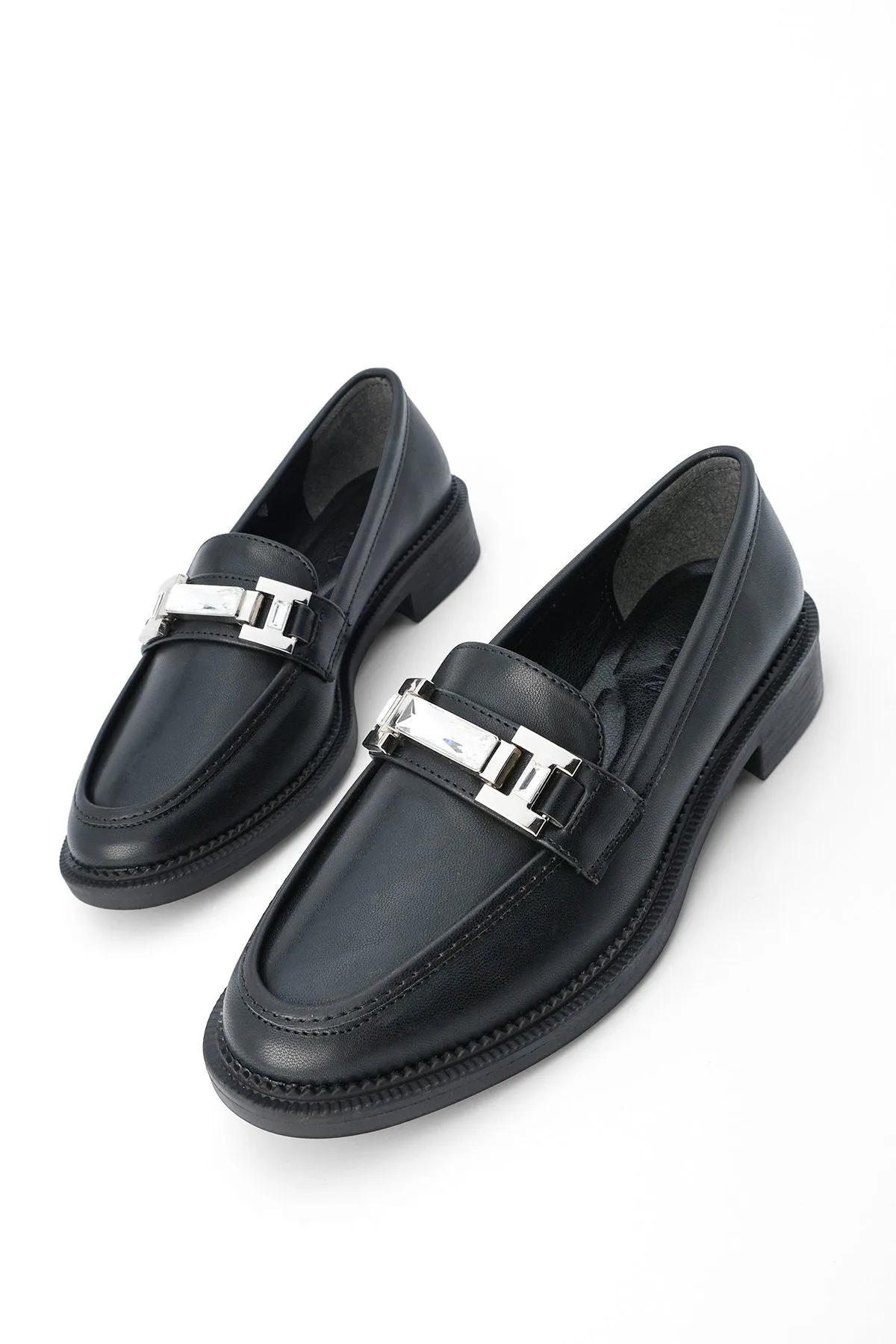 Women's Stone Buckle Loafer Casual Shoes Hosre - Black