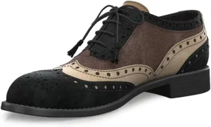 YDN Women Lace Up Oxford Carving Floral Saddle Color Block Brogues Wingtip Derby Low Heels Round Toe Shoes Business Working Size 4-16 US
